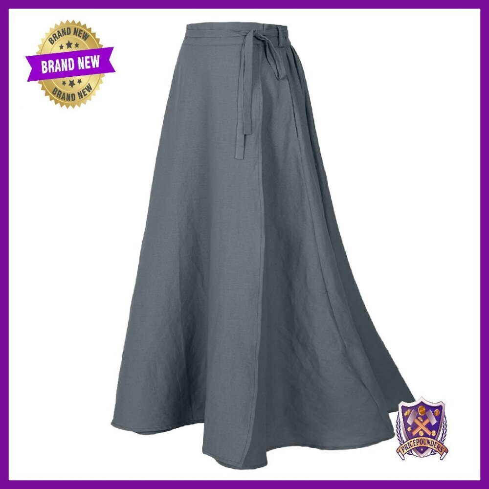 Vintage Linen Wrap Skirt Ankle-Length Elastic Waist Women's Casual
